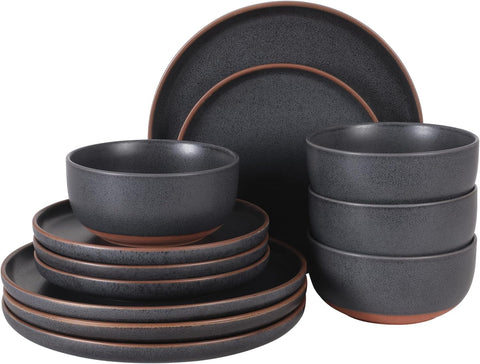 Abbey Circle 12 Piece (Service for 4) Plates and Bowls Reactive Matte Glaze Dishes Stoneware Ceramic Dinnerware Set