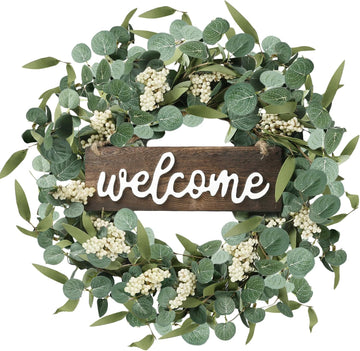 Green Eucalyptus Wreath with Welcome Sign 20in Artificial Spring Summer White Berries for Front Door Wall Window