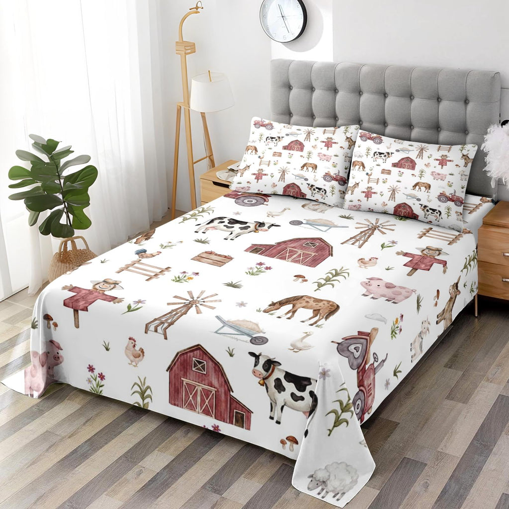 Bed Sheet Set, 4 Pieces Farmhouse Farm Bedding with Flat