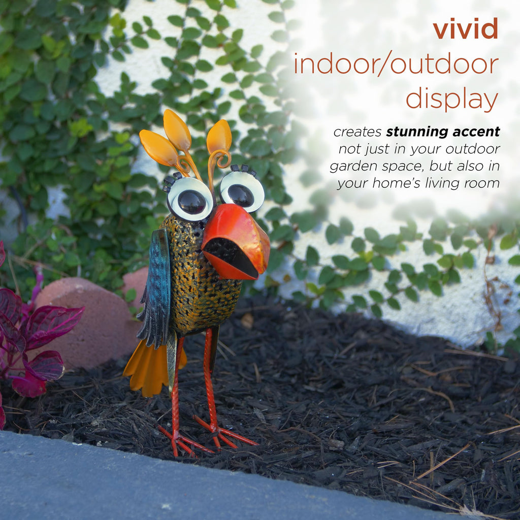 12" Tall Outdoor Metal Wide-Eyed Bird Standing Yard Statue Decoration, Multicolor
