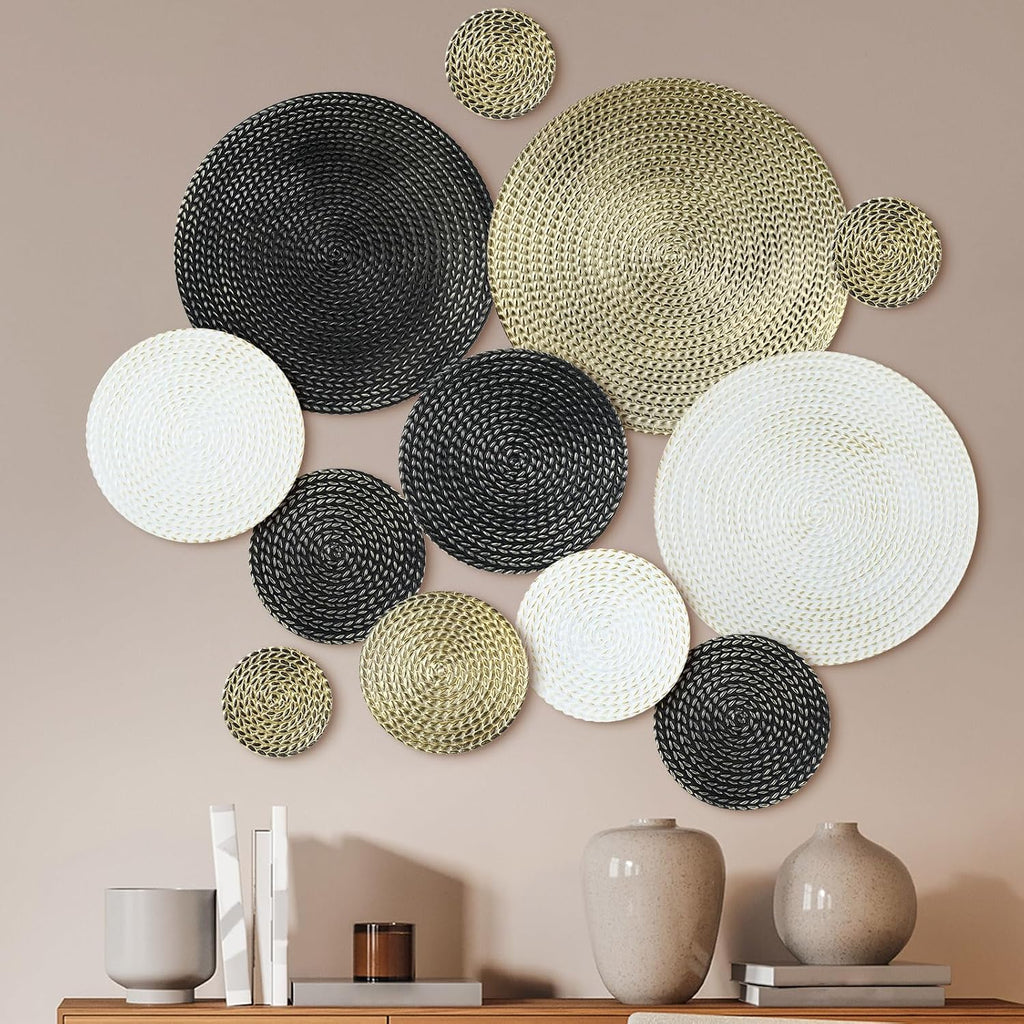 Black Gold and White Metal Wall Decor 3.9 to 13.8 Inch Large Modern Round Metal Wall Art 3D Circles Textured - Set of 12