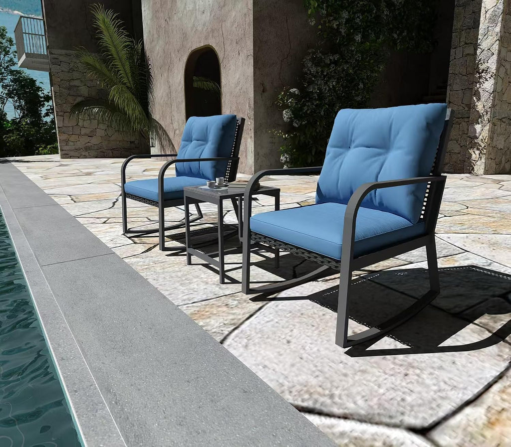 Bistro 3 Piece Patio Furniture Set, Patio Table and Rattan Outdoor Rocking Chairs Set of 2, Outdoor Bistro