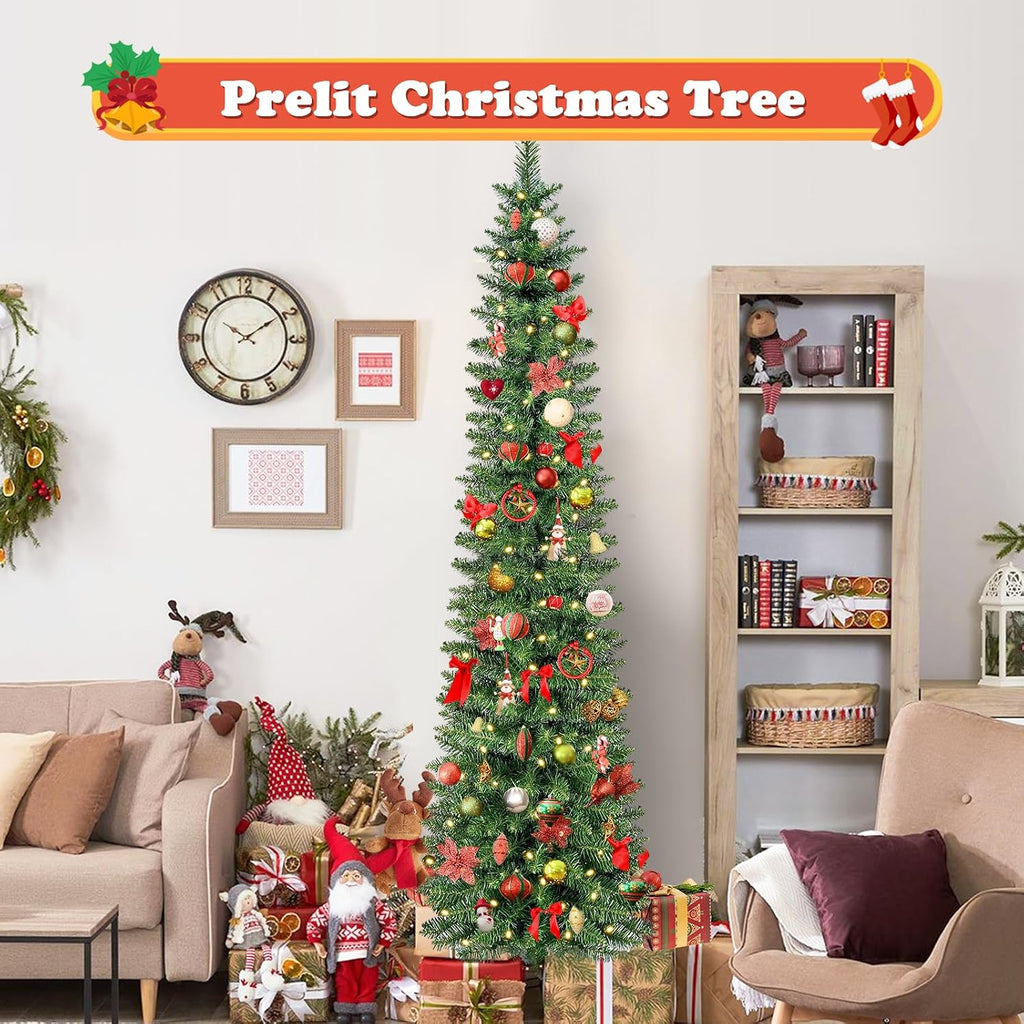 Green Pencil Artificial Christmas Tree Pre-Lit with Warm Lights, Slim Xmas Tree