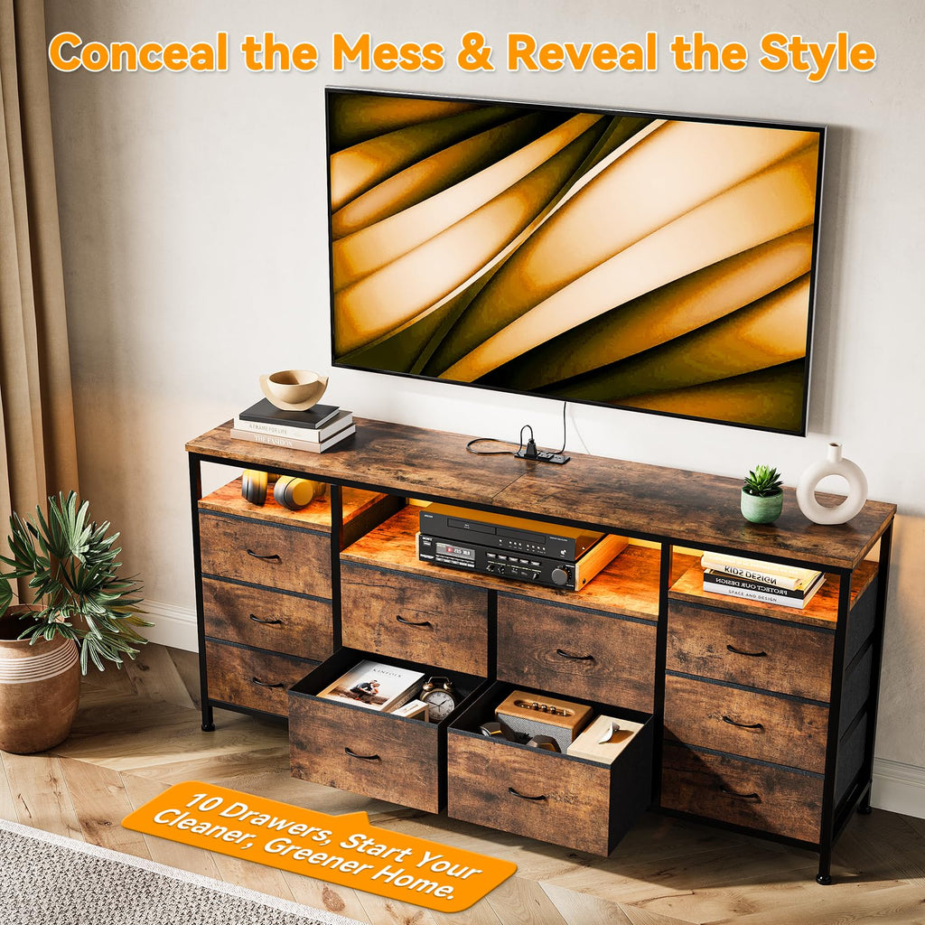 63.3 in Dresser, 10 Drawer Dresser TV Stand for 65 70 75 in TV, Fabric Chest of Drawers with LED Lights & Power