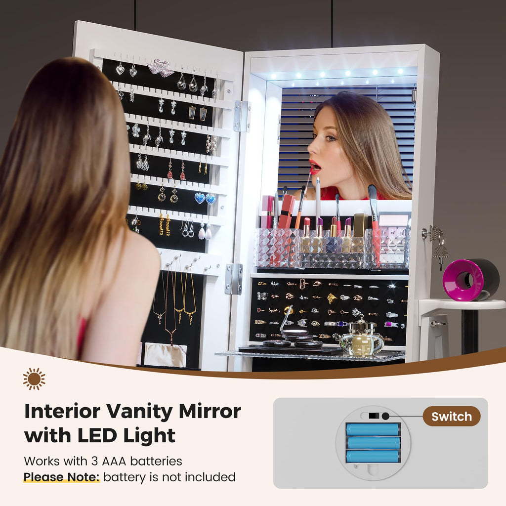 Jewelry Cabinet with LED Mirror, 360° Swivel & Remote Control, White