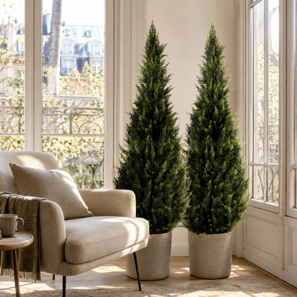 Artificial Cedar Topiary Trees, 5 FT UV Resistant Faux Boxwood Plants, Front Porch Decorations Outdoor, Realistic