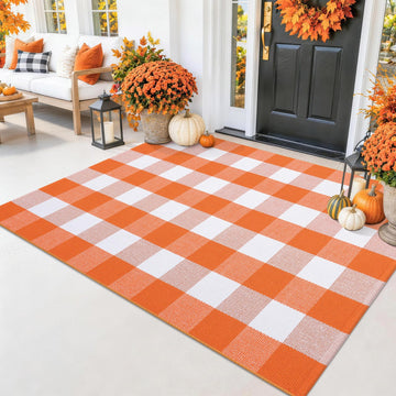 Orange and White Buffalo Plaid Rug 3x5, Indoor Outdoor Rug