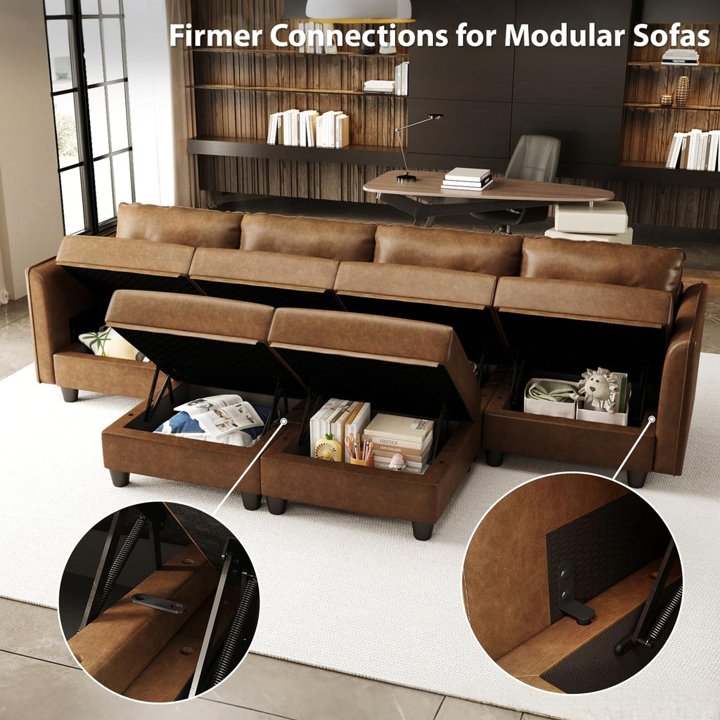 Brown Leather Modular Sofa Sectional Couch with Storage