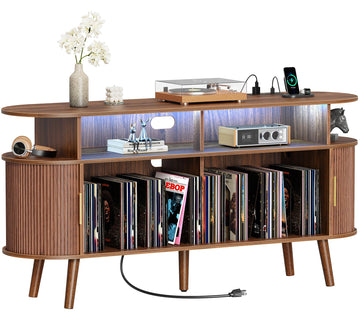 54 Inch Larger Record Player Stand with Power Outlets & 3-Color Lights, Vinyl Record Stand with 2 Fluted Cabinets