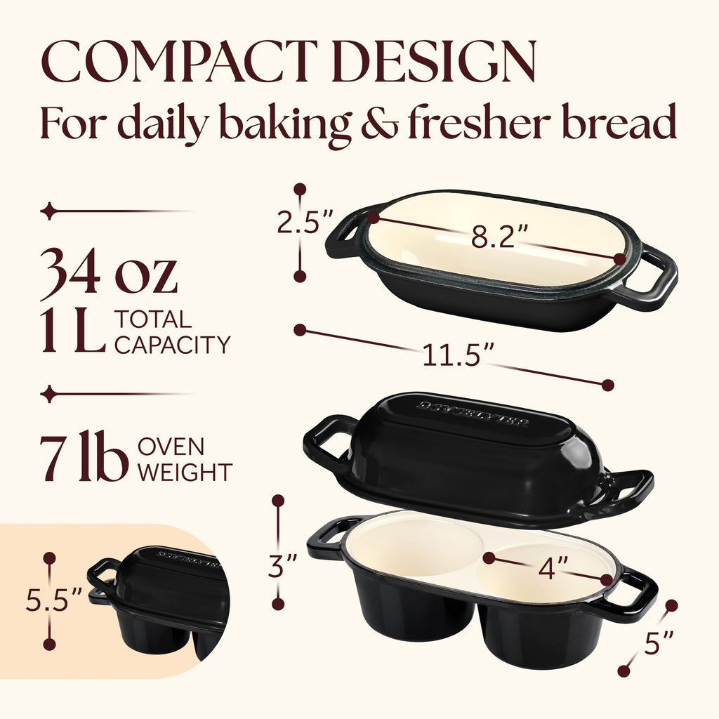 Mini Double Dutch Oven, Cast Iron Loaf Pan With Lid, Black