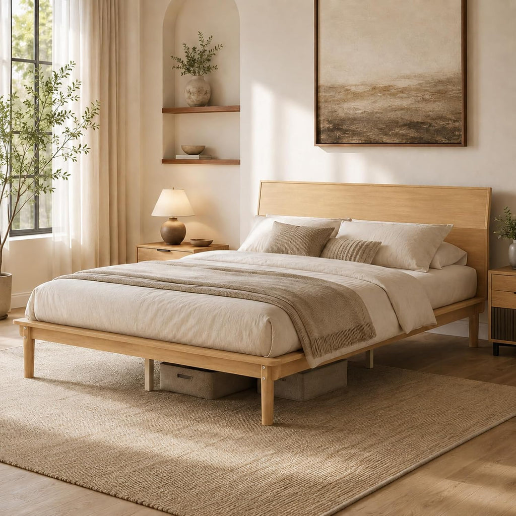 Low Profile Japanese Joinery Bed Frame with Headboard, Natural