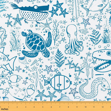 Nautical by The Yard, Ocean Animal Upholstery Fabric - Cartoon Fish, Cute Octopus, Shark, Jellyfish, Indoor/Outdoor