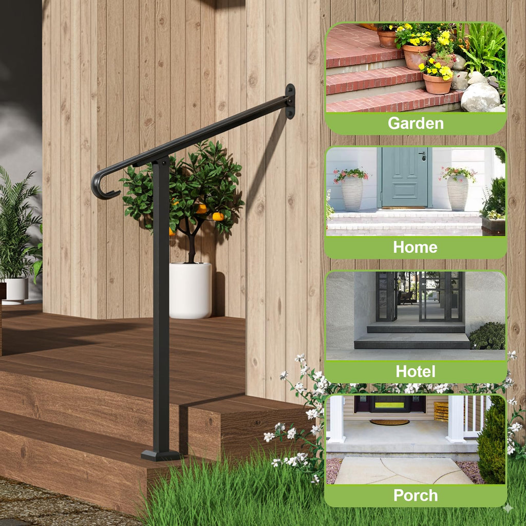 Single Step Handrail, 1 or 2 Steps Handrails for Outdoor Steps, Rust-Proof Wrought Iron Stair Railing for Seniors