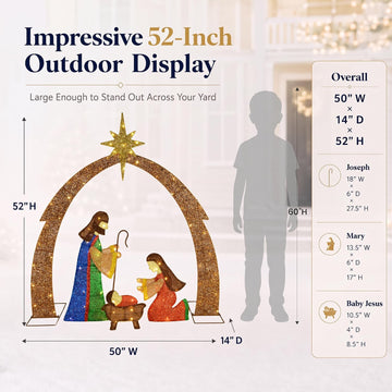 52" 2D Lighted Nativity Scene Outdoor Christmas Decorations, 90 LED Pre-Lit Champagne Gold & Multicolor Holy Family