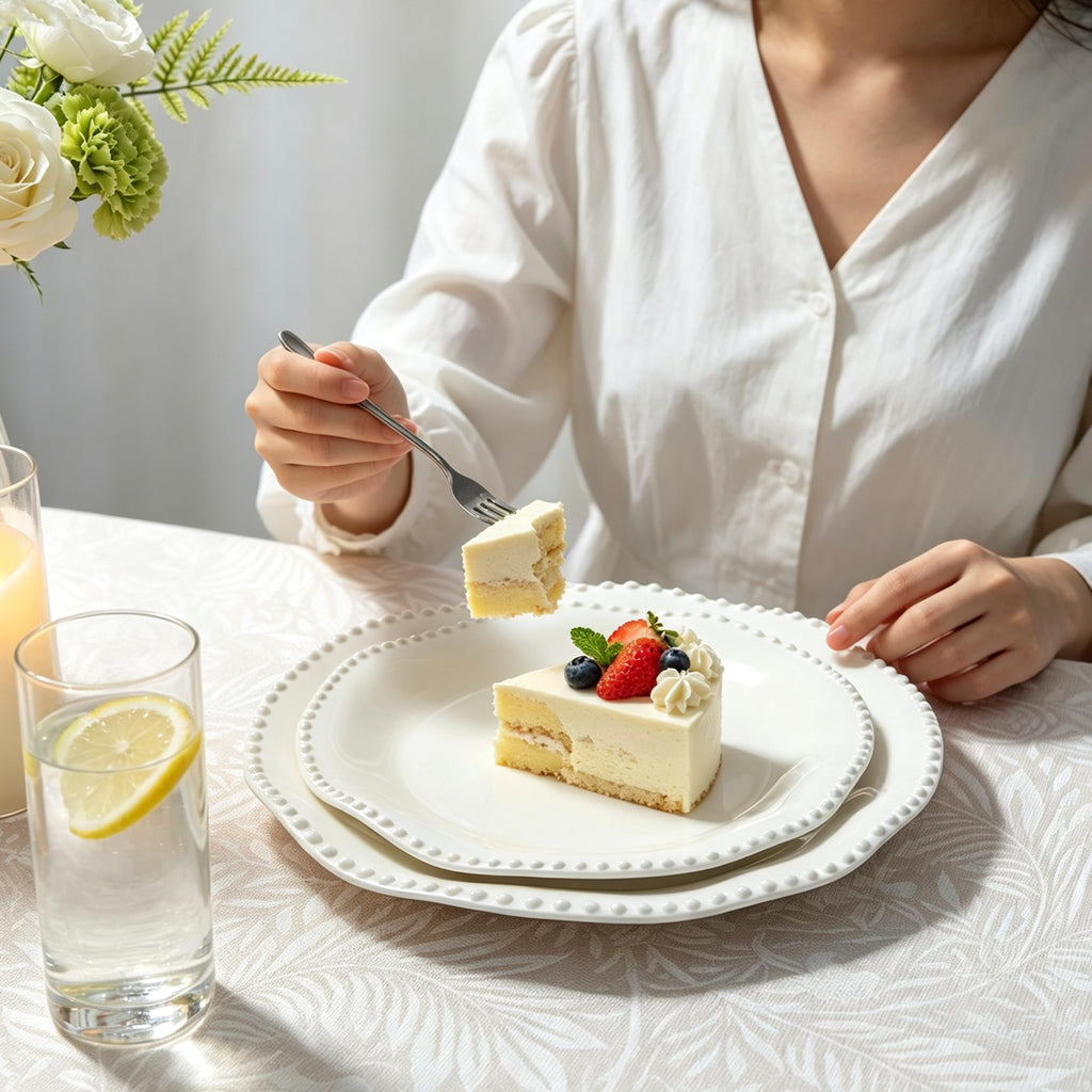 Perlette Off-White Beaded 12-Piece Dinnerware Set, Melamine Dining Dish Set
