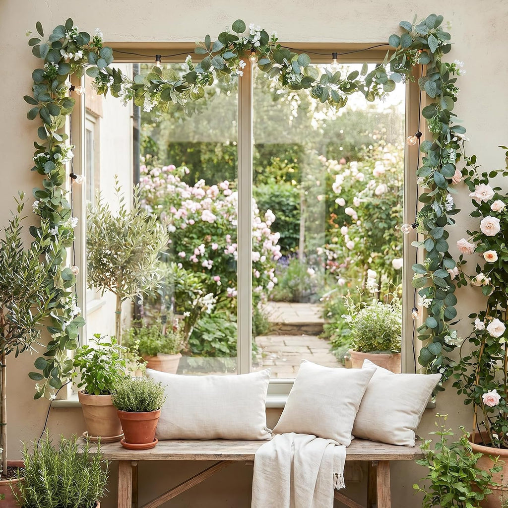 Artificial Eucalyptus Garlands - 6ft Greenery Vines with Faux Eucalyptus Leaves, Butterfly Leaves, and White - Set of 2