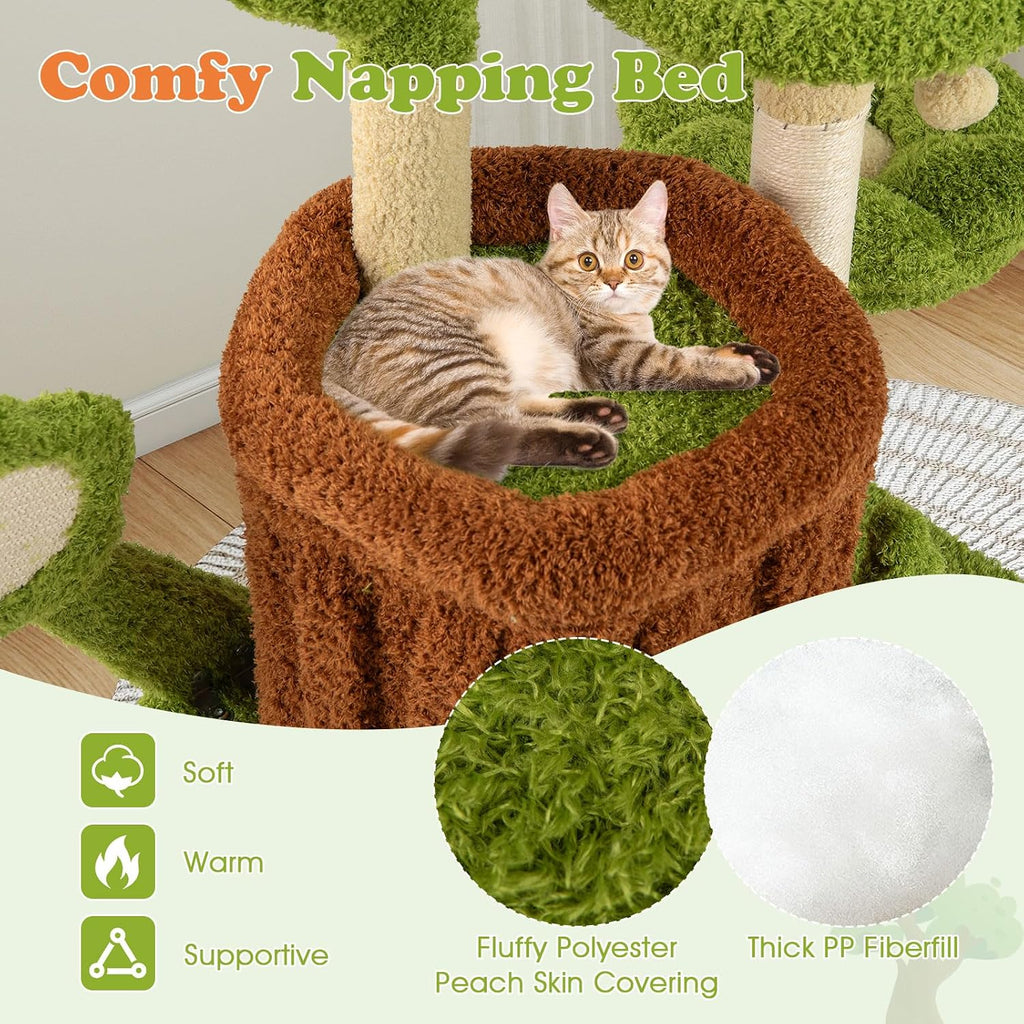 Cute Cat Tree Green Forest, 36 Inch Aesthetic Cat Tower with Sisal Scratching Posts & Board, Trunk Condo, Flower