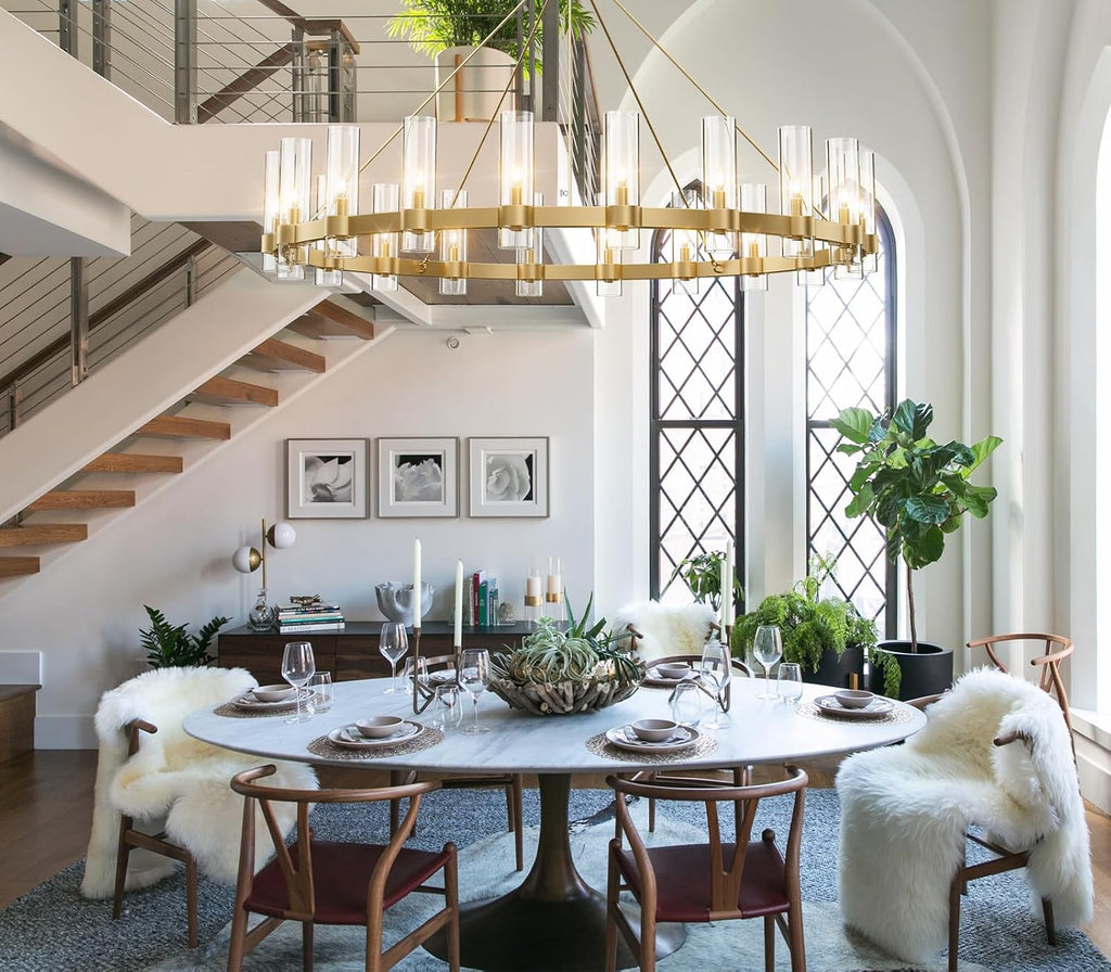 Inspired Ravelle Style 60 Inch Gold Wagon Wheel Chandelier with Glass Shade, 20 Lights, Modern Farmhouse Style, Ideal for Dining Room, Kitchen, Entryways