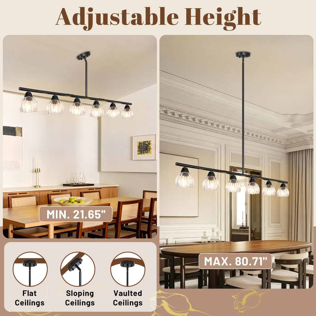 Black Linear Chandelier 6 Lights Island Lights with Clear Flower Shade