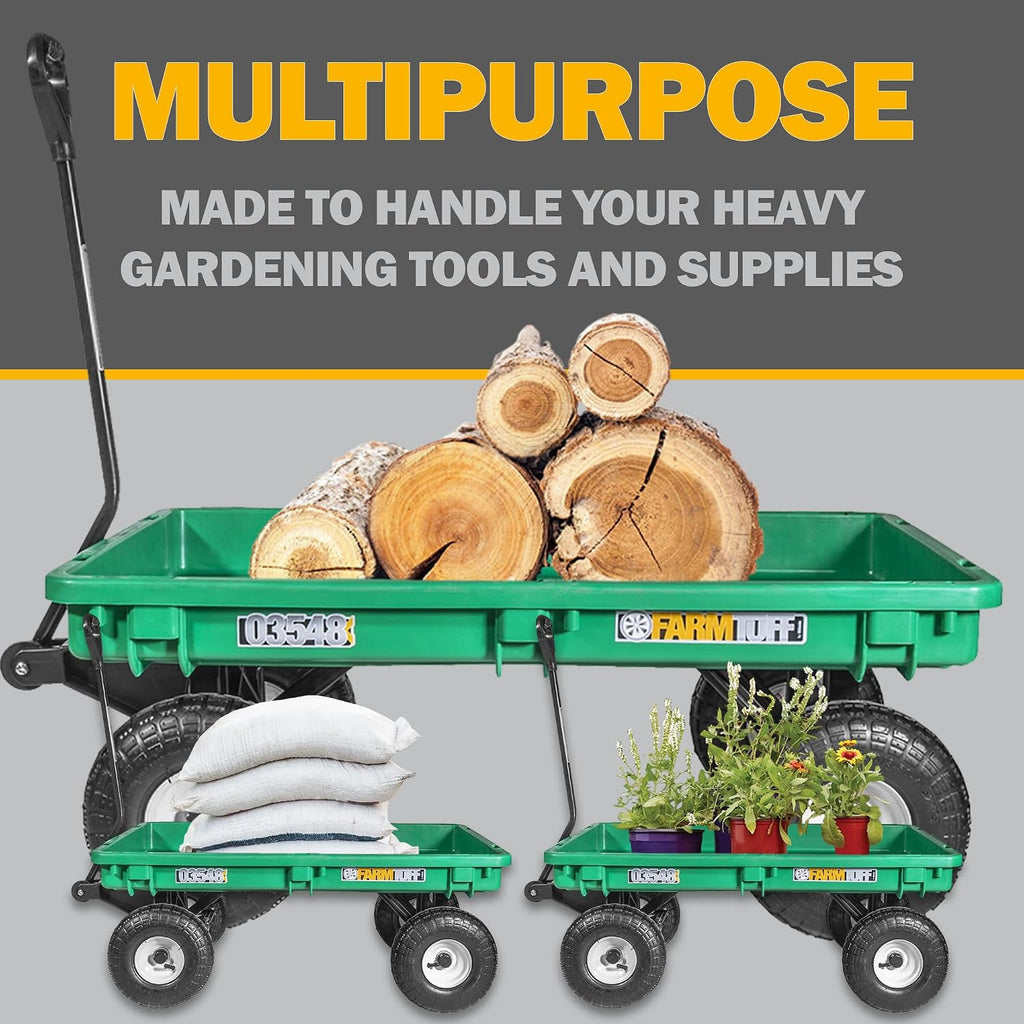 Durable Plastic Deck Green Garden Wagon, 38" x 20" - Heavy-Duty Poly Utility Cart with Pneumatic Tires, 300lb