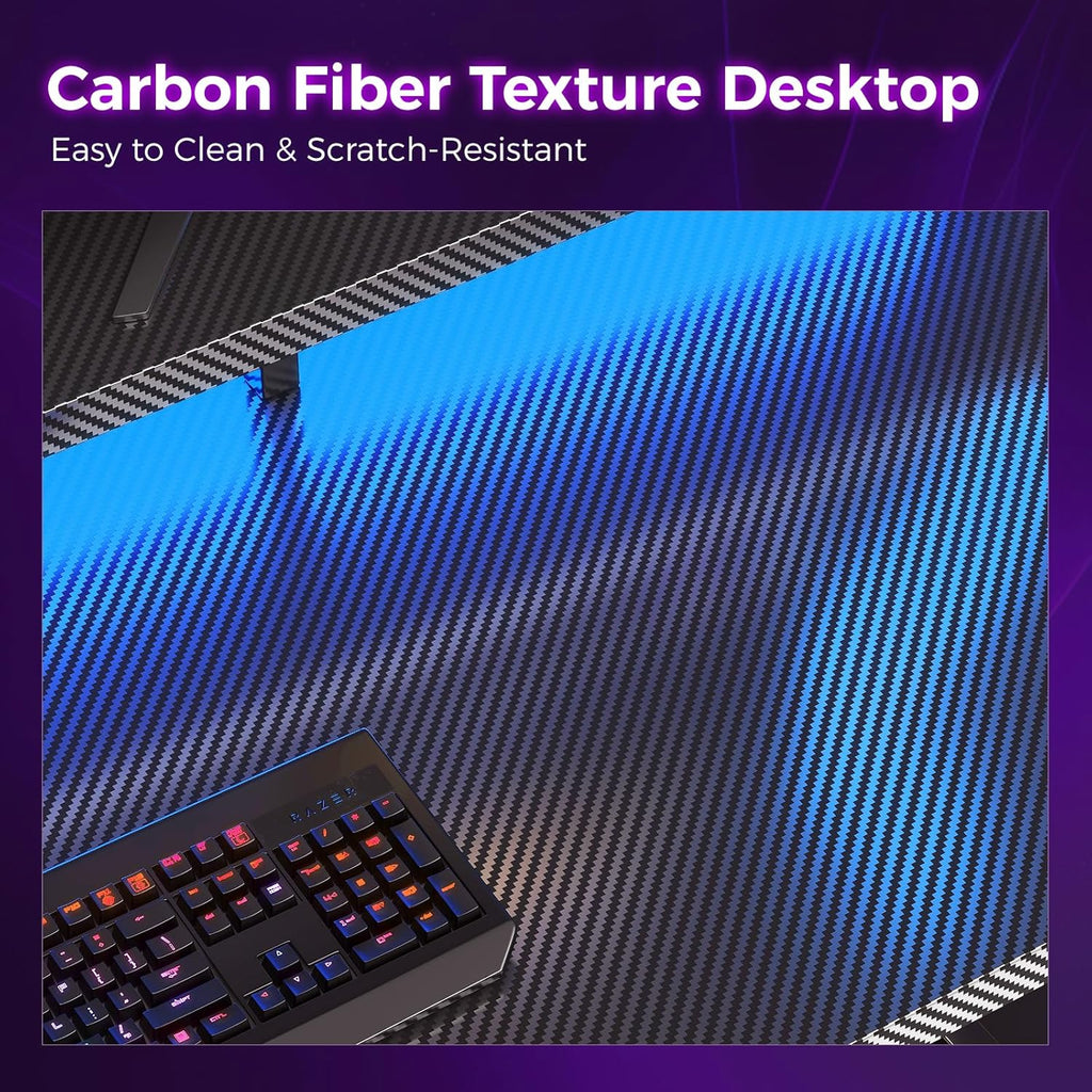 55 Inch Gaming Desk with LED Lights & CPU Stand, Carbon Fiber Black | Computer Desk with Storage Shelves, Reversible
