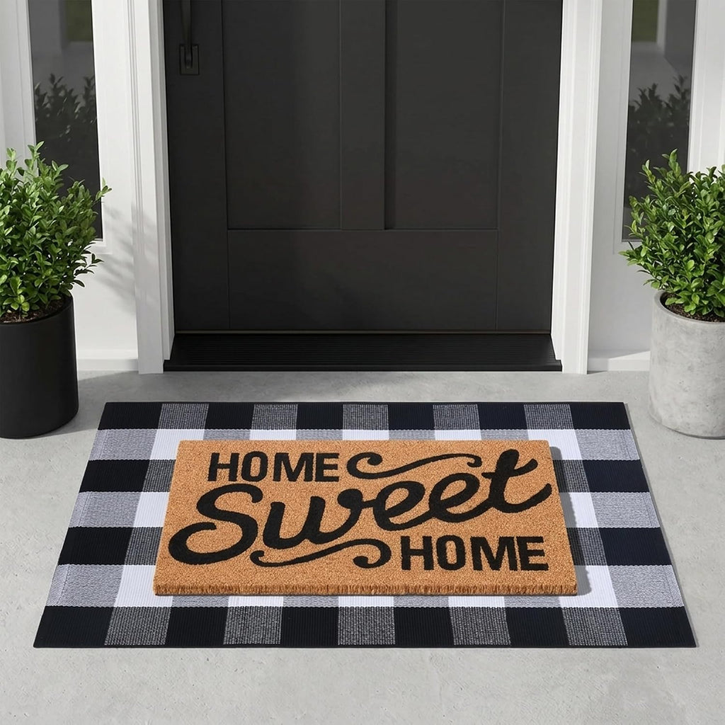 Home Sweet Home Doormat Set, 2-Piece Layered Front Porch Mat Combo, Natural Coir Welcome Mat with Black and White