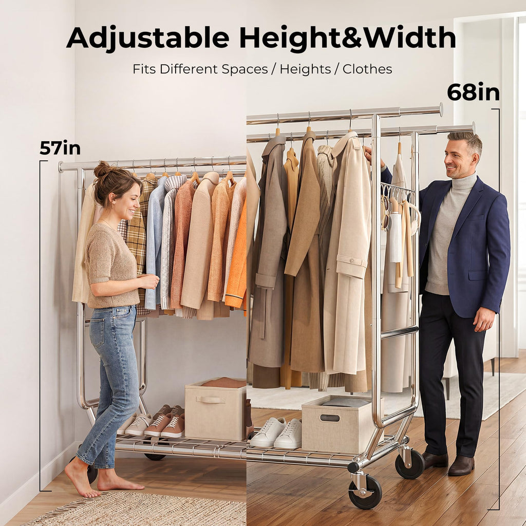 Clothes Rack Heavy Duty Clothing Rack Load 650 LBS Collapsible Garment Rack with Wheels Double Rod Clothes Rack for