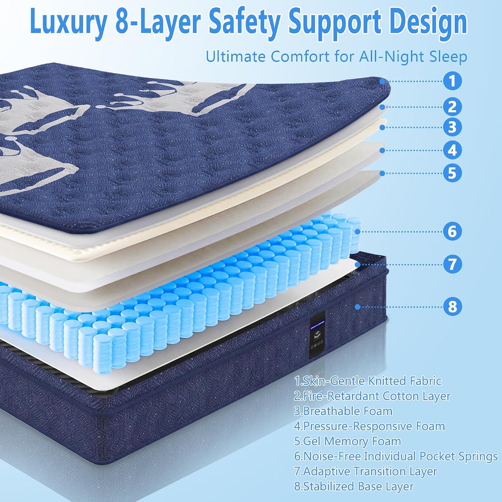 Full Mattress, Crown Hybrid Mattress in a box, Medium Firm Mattress(14 in) | Cool and Breathable Knit Fabric