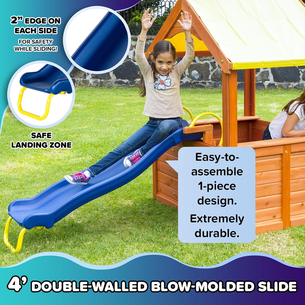 Encinitas Wooden Playhouse with 4' Slide, Yellow Canopy & Table, Outdoor Backyard Playhouse for Kids with Ladder