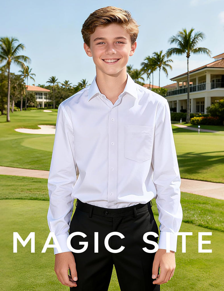 Boys Long Sleeve Button-Down Dress Shirts with Tie: 2 Fabrics (Stretch/Standard) & 2 Fits (Regular/Husky)