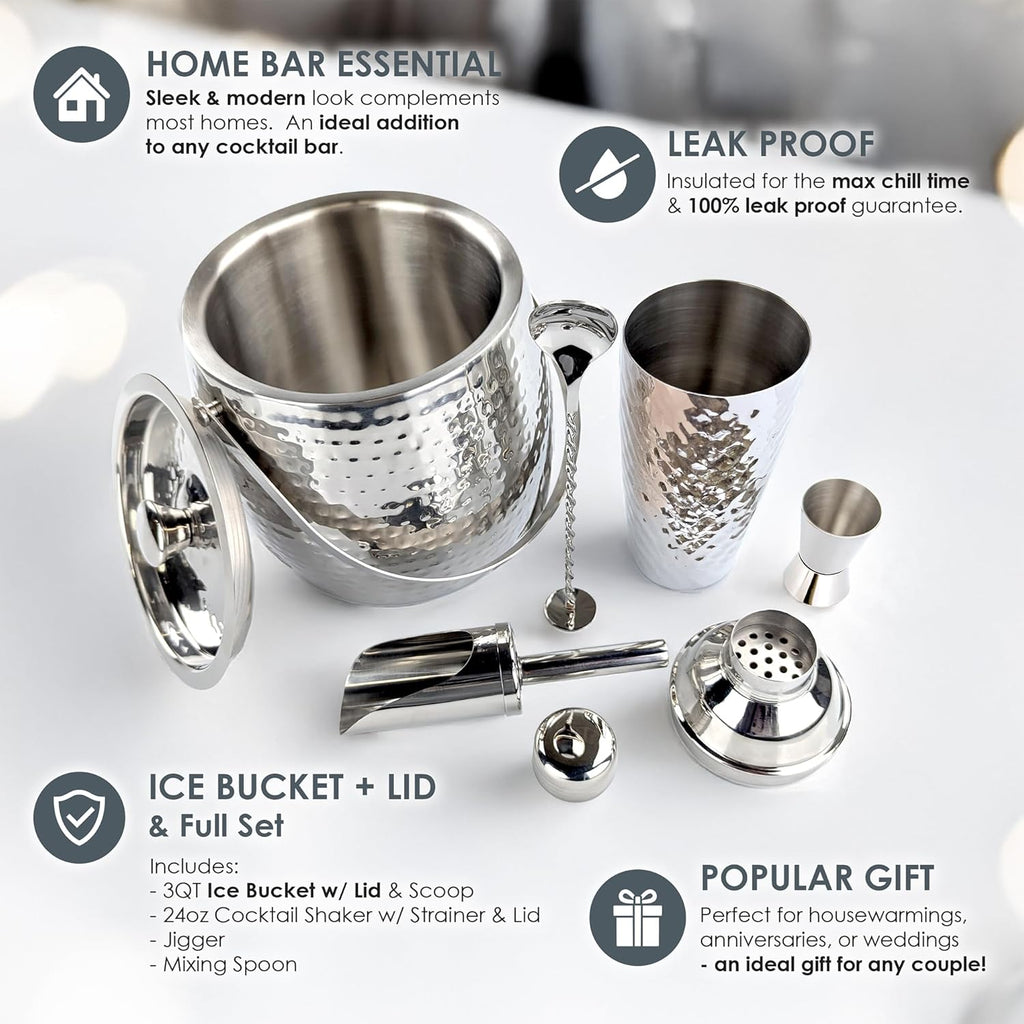 Insulated Ice Bucket for Cocktail Bar with Drink Shaker 5-Piece Cocktail Set for Parties with Lid and Scoop - Set of 5