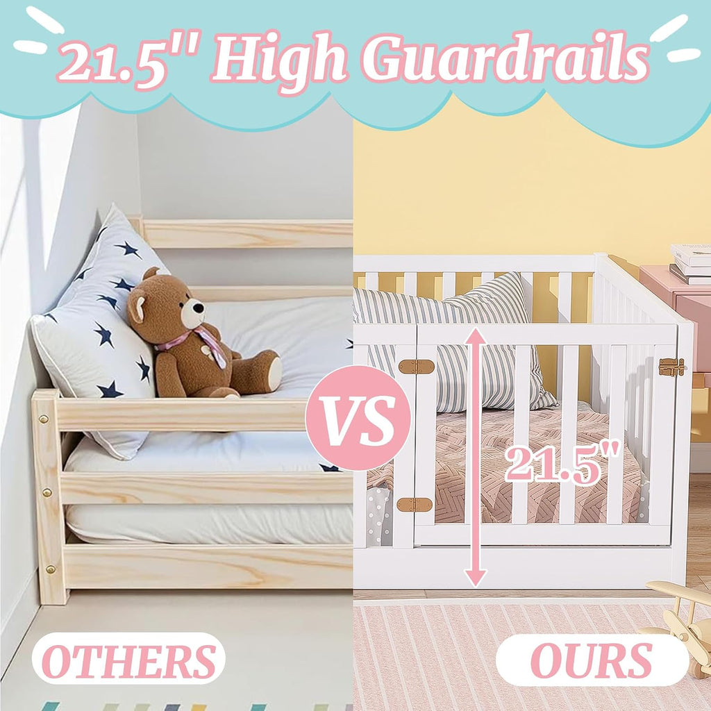 Montessori Floor Bed with High Rails, Door & Slats for Kids, White