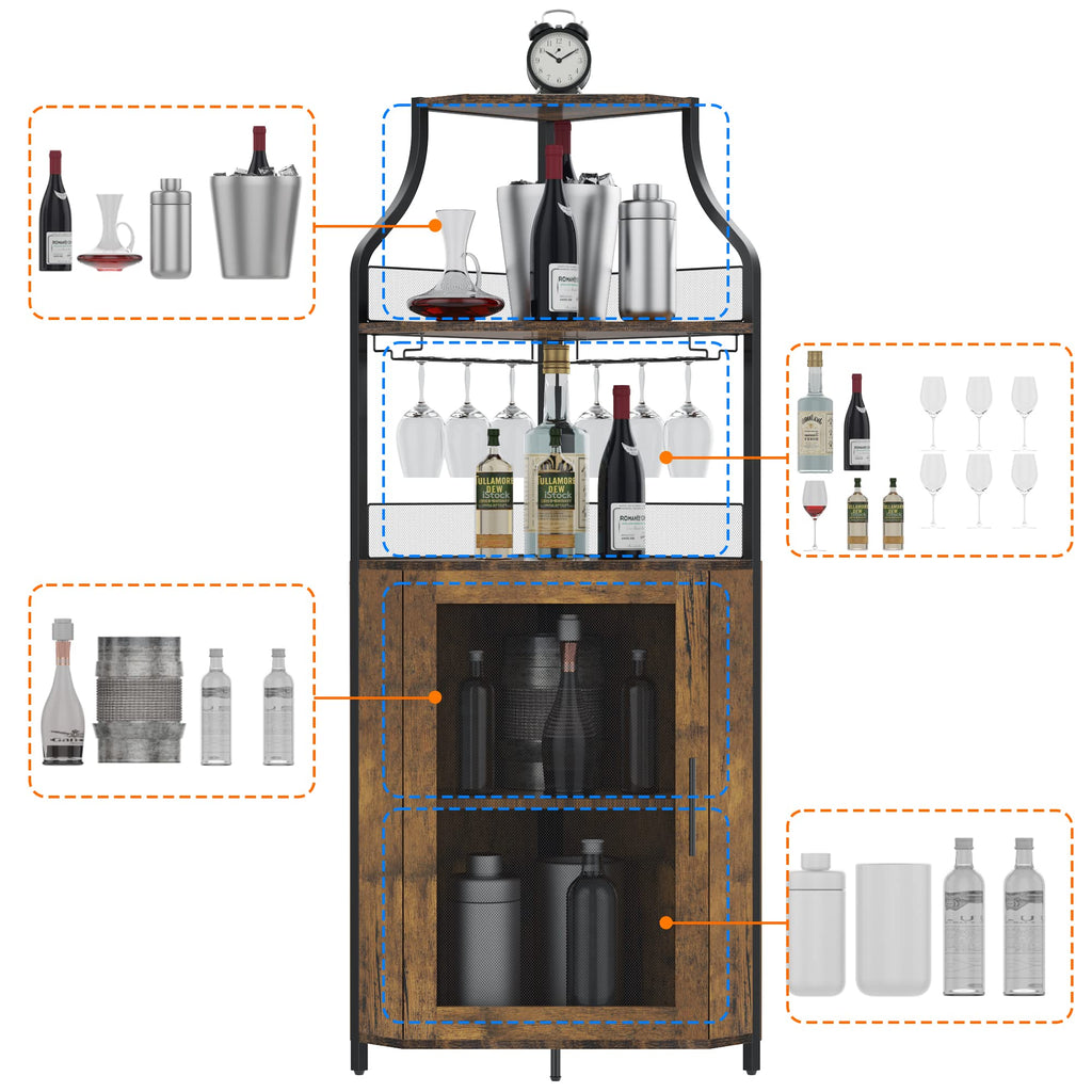 Corner Wine Cabinet, Wine and Glass Rack, Freestanding Liquor Cabinet Bar Cupboard with Storage Shelves (Rustic Brown)