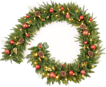9FT Red Gold Christmas Garland Prelit with Battery Operated 50 LED Lights,Holiday Decoration Stairs Mantle Door
