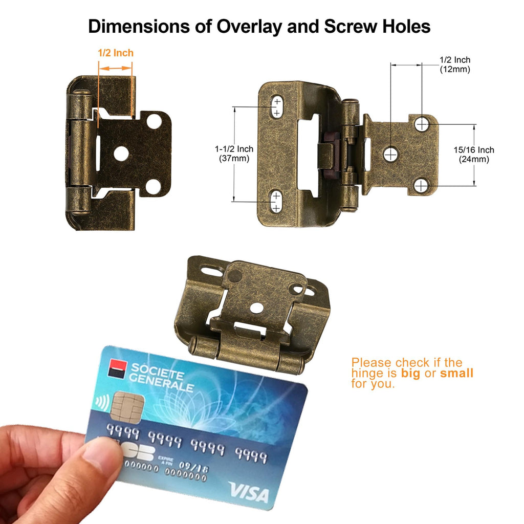 Antique Brass Kitchen Cabinet Hinges, 1/2" Overlay, 4 Pack