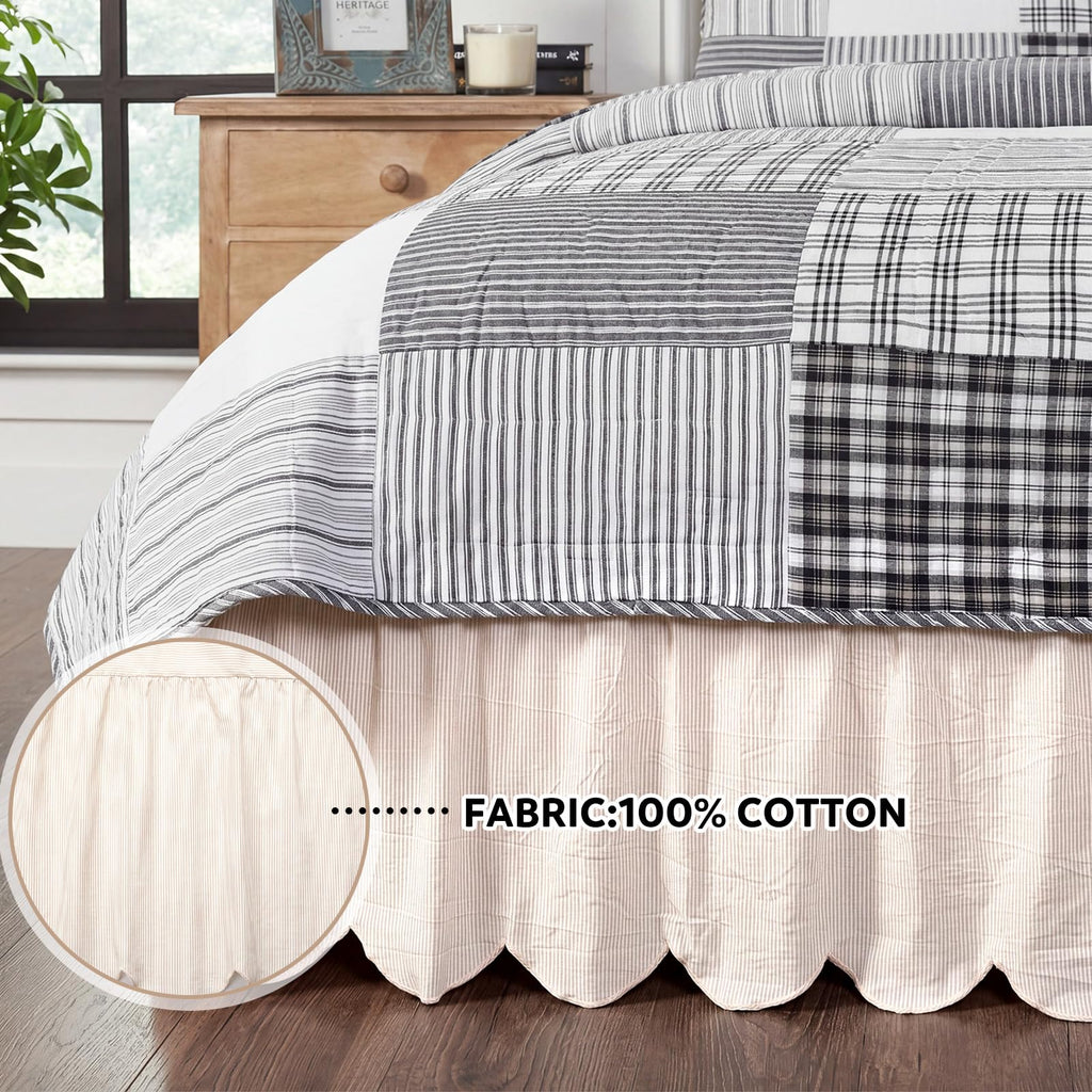 Striped Bed Skirt, 16" Drop, Scallop Dust Ruffle, Cream Ivory