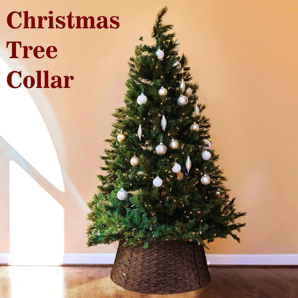 Woven Rattan Christmas Tree Collar, Neutral Wicker Tree Skirt, Rustic Farmhouse Christmas Stand Base Cover Decor