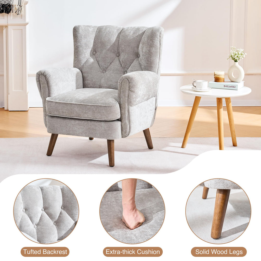 Wingback Accent Chairs, Mid-Century Modern Living Room Chairs, Wingback Reading Chair, Chenille Tufted Upholstered