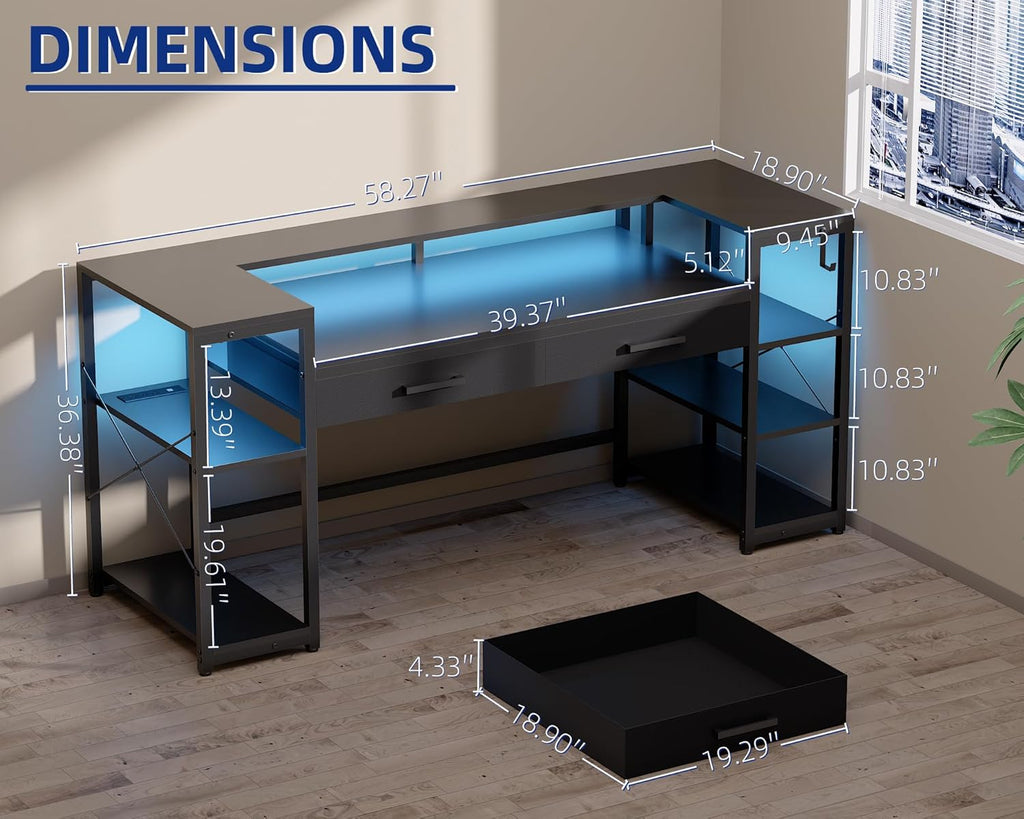 58 Inch Gaming Computer Desk with Monitor Stand Drawers and Shelves | Ample Storage, Large Table with LED Lights &