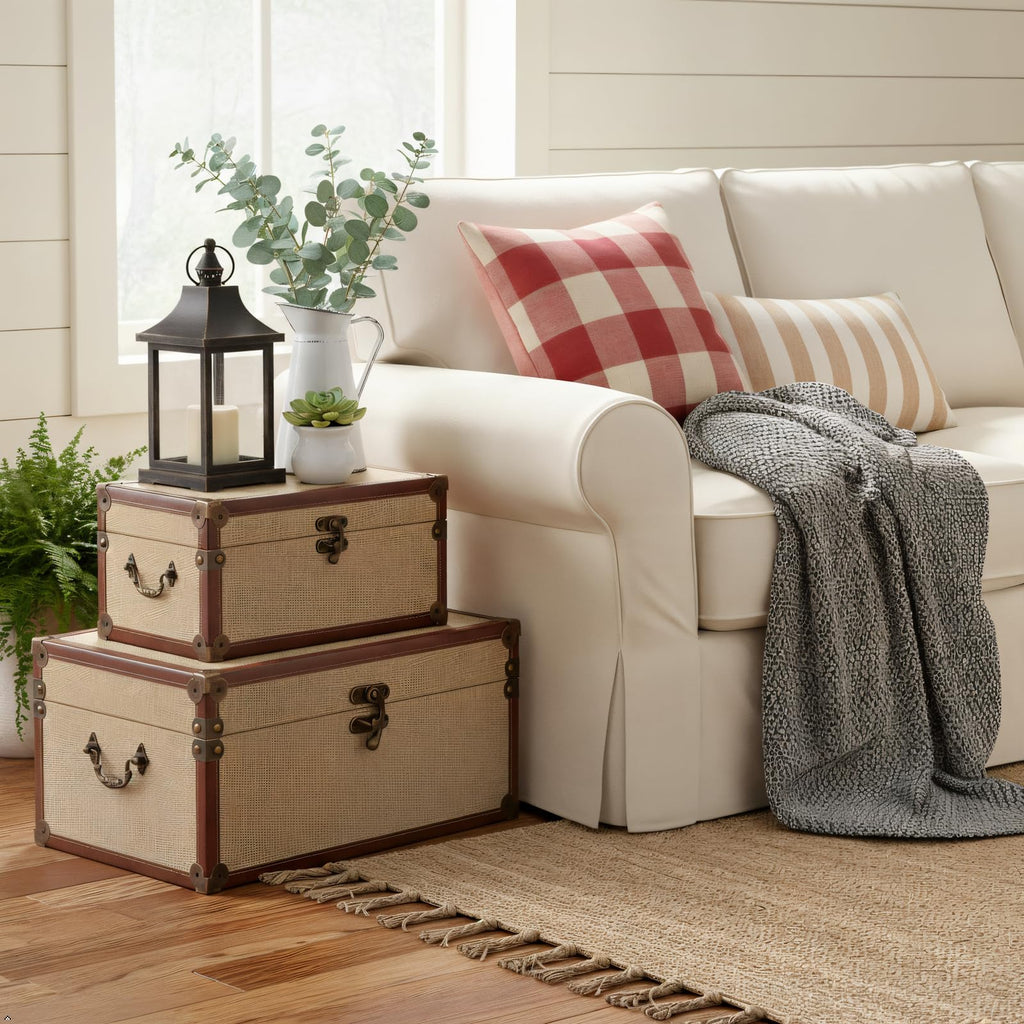 Farmhouse Decorative Storage Trunks Set of 3 Linen and Wood Boho Vintage Boxes with Metal Handles and Clasp, Rustic