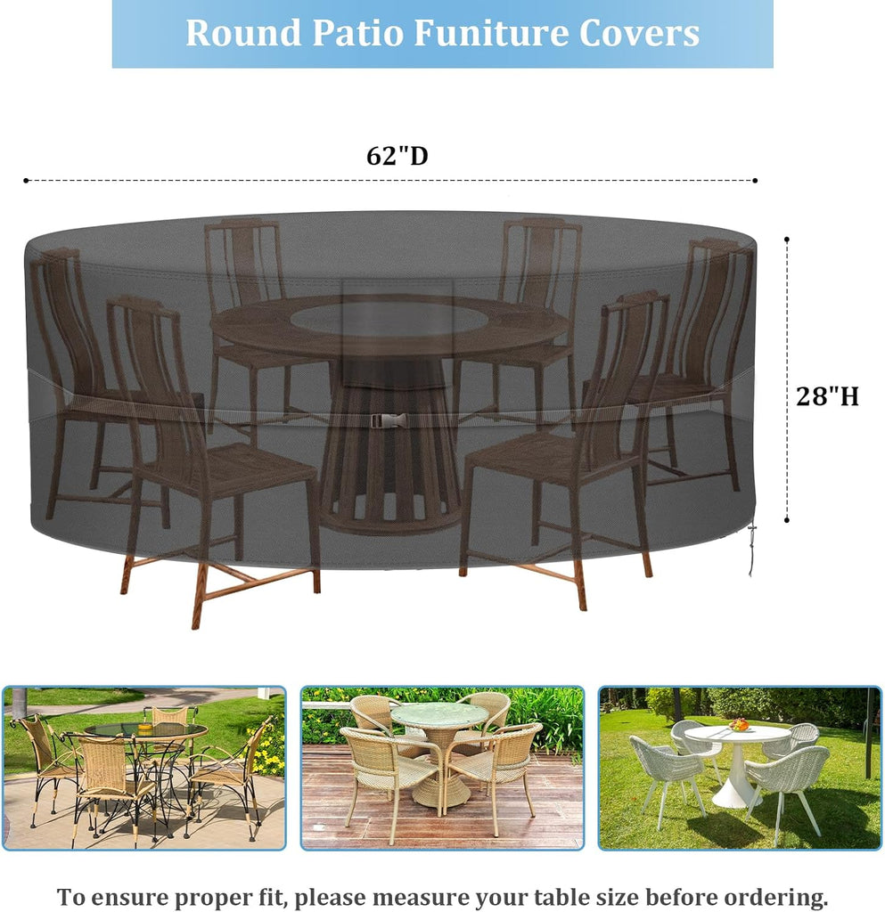 Round Patio Furniture Covers - 600D Heavy Duty Waterproof Outdoor Table Cover, Lawn Furniture Set Covers for Dining