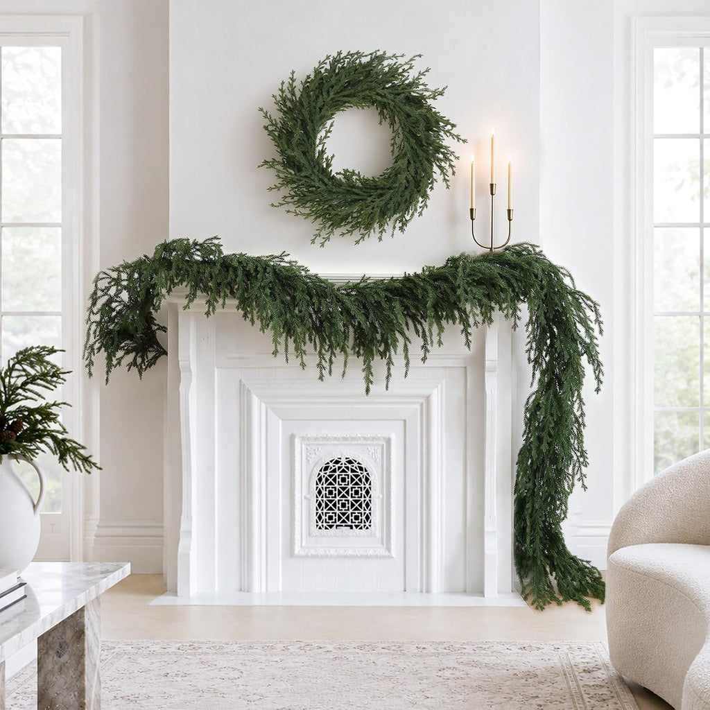 Upgraded 9ft Christmas Norfolk Pine Garland, Real Touch Greenery Decoration