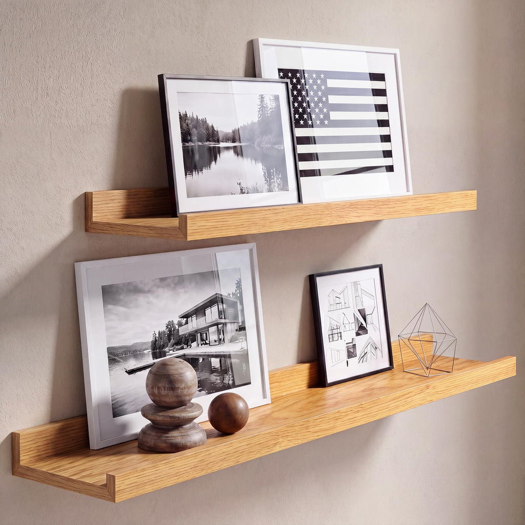 Oak Picture Ledge Shelves for Wall, 4.5" Deep Wood Floating Shelves with Lip, 36" Width, Color Oak Set of 2