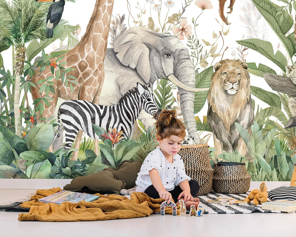 Kids Room Jungle Wall Mural, Safari Animals Rainforest Wallpaper Mural , Kindergarten, Living Room, Nursery Room