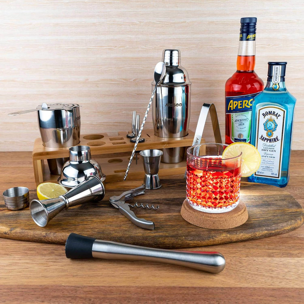 Mixology Bartender Kit 16-Piece Premium Stainless Steel Cocktail Shaker Set & Stylish Bamboo Stand | Perfect Home - Set of 15