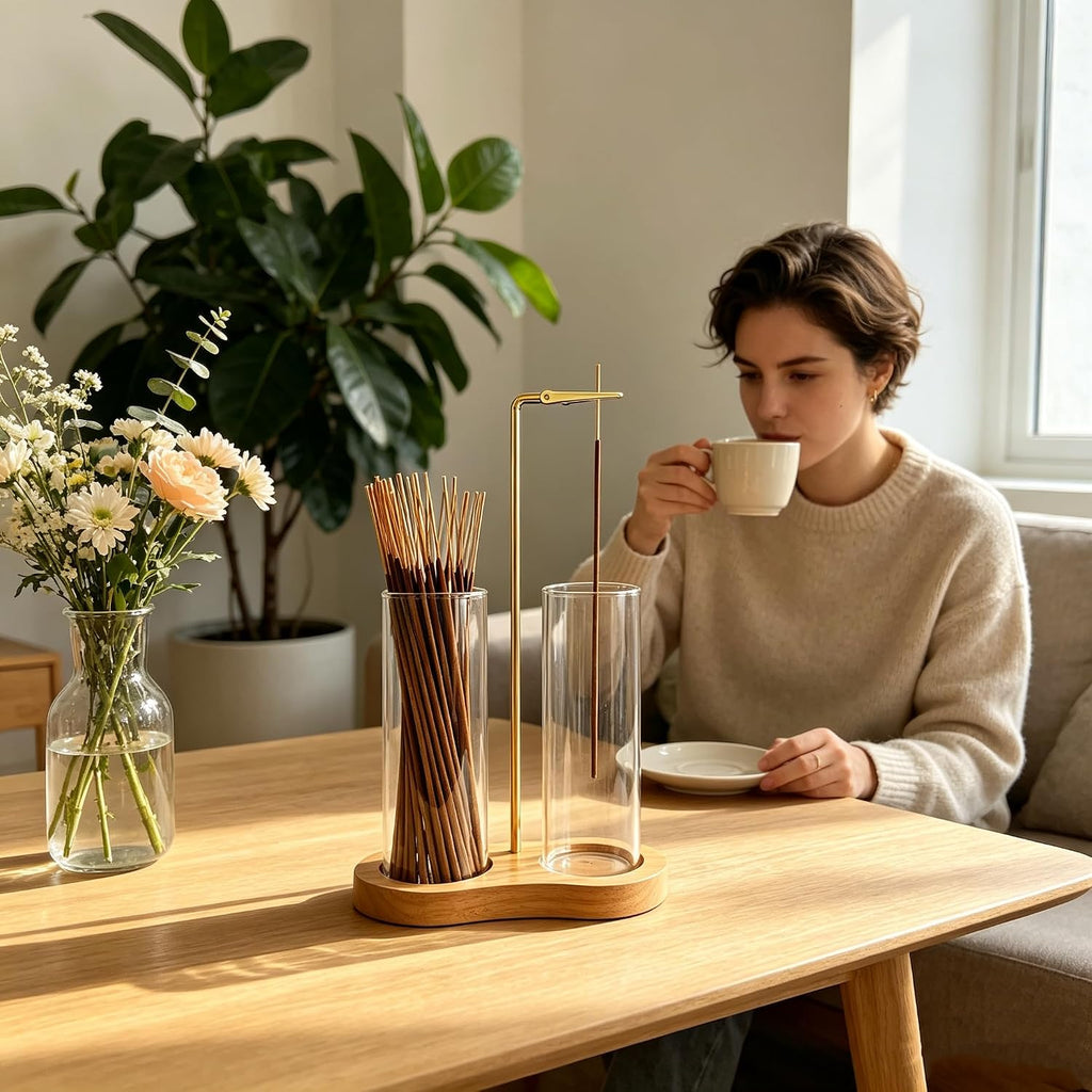 Glass Natural Incense Holder,Warm Minimalism Incense Sticks Burner Holder with Storage,Hang Upside Down Incense