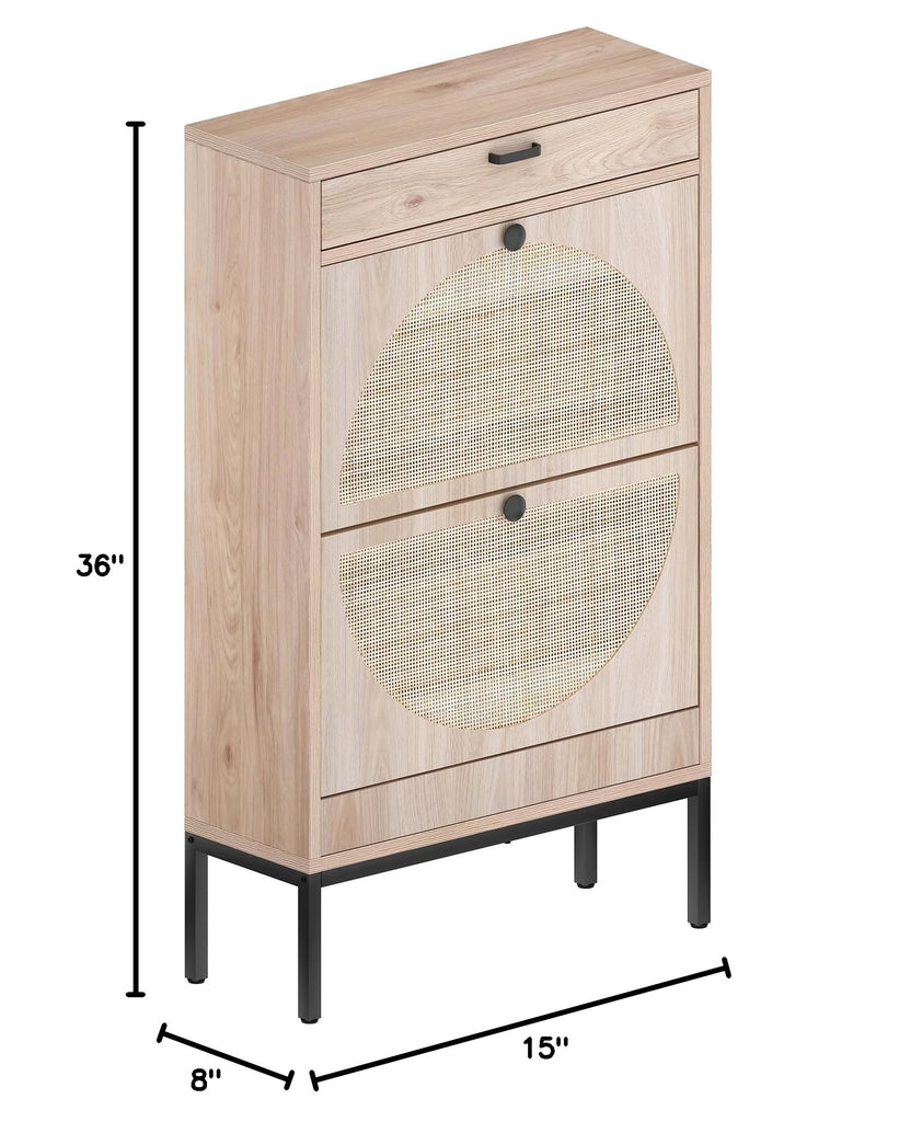 Cabinet With 2 Rattan Curved Pattern Flip Drawers, Freestanding Shoe Storage Organizer Rack With Adjustable Shelf