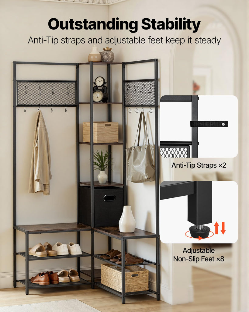 Corner Hall Tree with Shoe Bench, 70.9 in Coat Rack with Hooks and Steel Frame, Freestanding Clothes Shoes Rack
