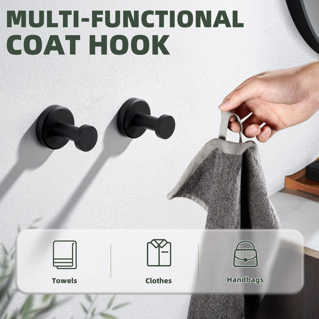 Matte Black Towel Hooks, Space-saving Shower, 2 Pack