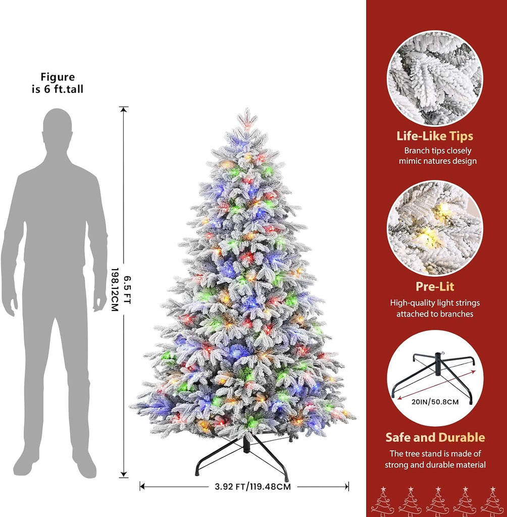 Prelit Artificial White Flocked Christmas Tree Color Lights